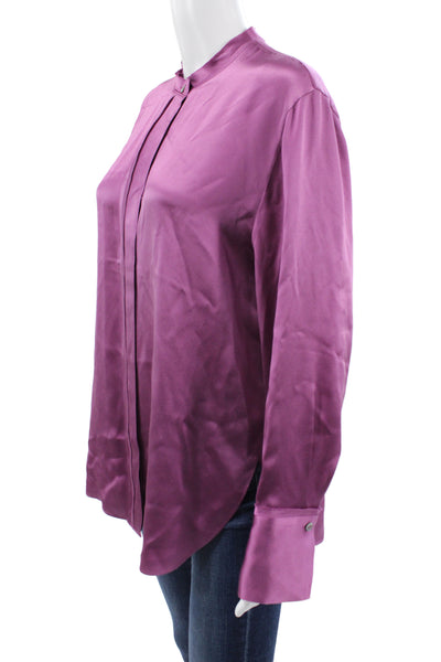 Vince Women Purple Silk Mock Neck Button Up Long Sleeve Blouse Size M