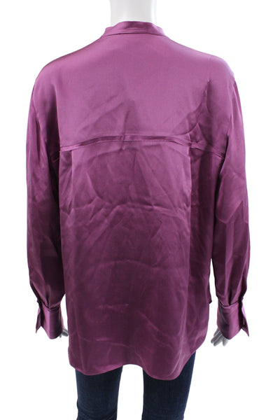 Vince Women Purple Silk Mock Neck Button Up Long Sleeve Blouse Size M