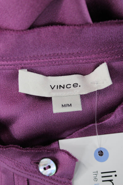 Vince Women Purple Silk Mock Neck Button Up Long Sleeve Blouse Size M