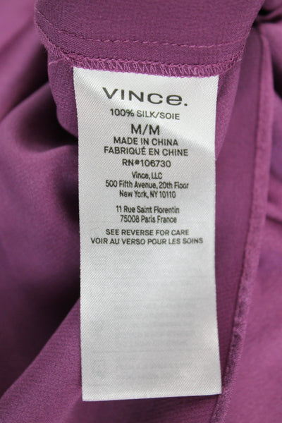 Vince Women Purple Silk Mock Neck Button Up Long Sleeve Blouse Size M