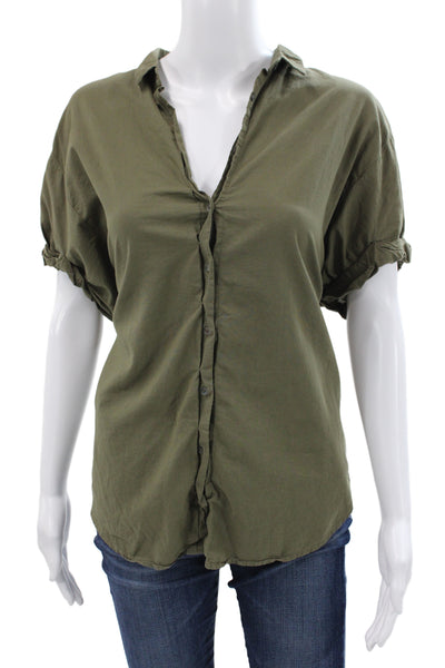 Xirena Womens Basic Collared Short Sleeve Button Up Shirt Green Cotton Size S
