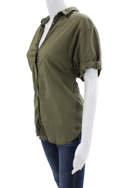 Xirena Womens Basic Collared Short Sleeve Button Up Shirt Green Cotton Size S