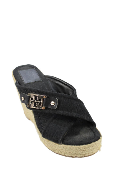 Tory Burch Womens Wedge Heel Canvas Cross Strap Espadrilles Sandals Black 9M