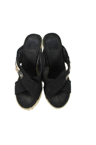 Tory Burch Womens Wedge Heel Canvas Cross Strap Espadrilles Sandals Black 9M