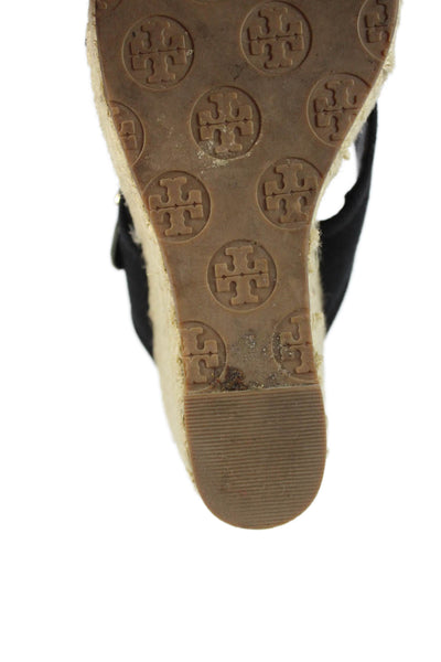 Tory Burch Womens Wedge Heel Canvas Cross Strap Espadrilles Sandals Black 9M