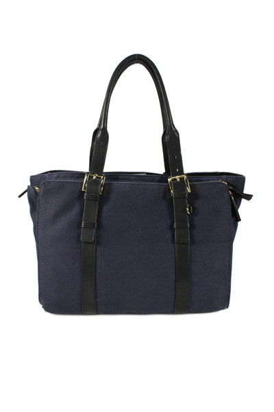 India Hicks Womens Double Handle Leather Trim Canvas Tote Handbag Navy Black