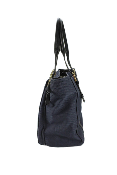 India Hicks Womens Double Handle Leather Trim Canvas Tote Handbag Navy Black