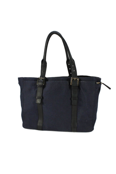India Hicks Womens Double Handle Leather Trim Canvas Tote Handbag Navy Black