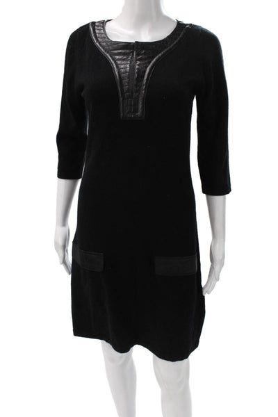 Max & Moi Women Shift Sweater Dress Black Wool Leather 3/4 Sleeve Size 42