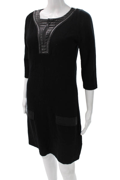 Max & Moi Women Shift Sweater Dress Black Wool Leather 3/4 Sleeve Size 42