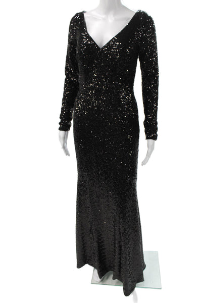 Theia Women Mermaid Sequin V-Neck Long Sleeve Full-Length Dress Zip Size 4