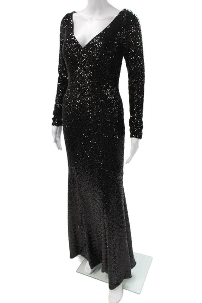 Theia Women Mermaid Sequin V-Neck Long Sleeve Full-Length Dress Zip Size 4