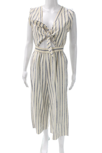 Madewell Women Jumpsuit Beige Striped V-Neck Sleeveless Linen Cotton Size 0