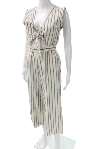 Madewell Women Jumpsuit Beige Striped V-Neck Sleeveless Linen Cotton Size 0