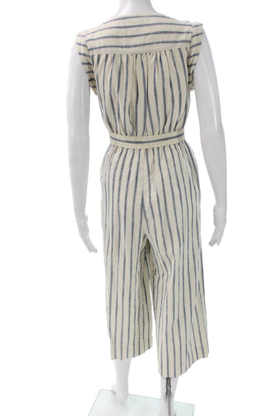 Madewell Women Jumpsuit Beige Striped V-Neck Sleeveless Linen Cotton Size 0