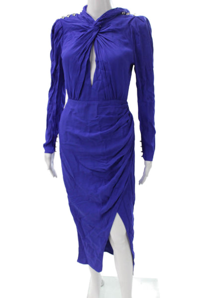 Self-Portrait Women Blue Silk Long Sleeve Sheath Dress Mid-Calf Size 4