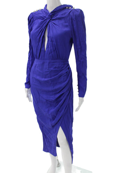 Self-Portrait Women Blue Silk Long Sleeve Sheath Dress Mid-Calf Size 4