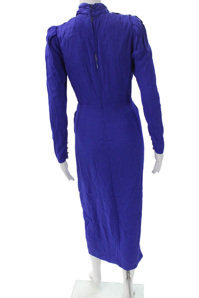 Self-Portrait Women Blue Silk Long Sleeve Sheath Dress Mid-Calf Size 4