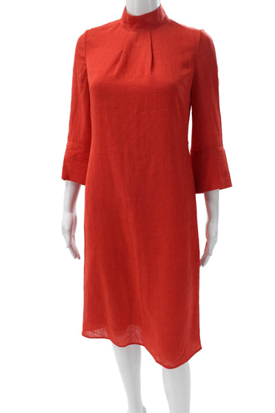 Cefinn Womens Shift Dress Red Linen High Neck 3/4 Sleeve Midcalf Size 2