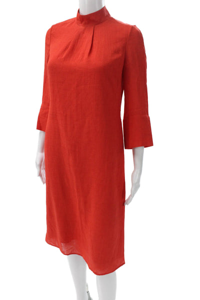 Cefinn Womens Shift Dress Red Linen High Neck 3/4 Sleeve Midcalf Size 2