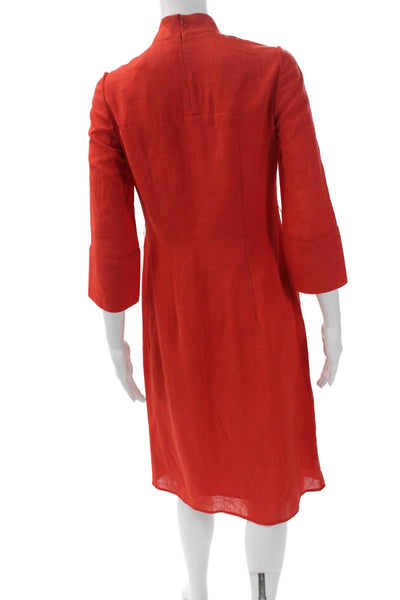 Cefinn Womens Shift Dress Red Linen High Neck 3/4 Sleeve Midcalf Size 2