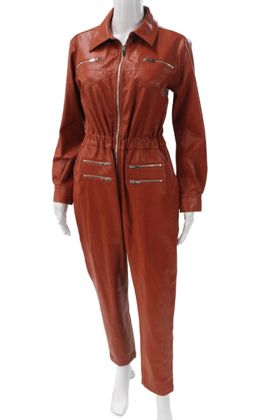 We Wore What Women Leather Long Sleeve Jumpsuit Brown Collar Size XS