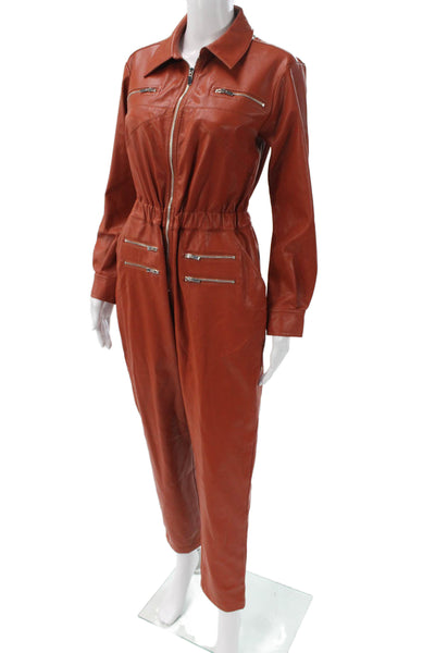 We Wore What Women Leather Long Sleeve Jumpsuit Brown Collar Size XS