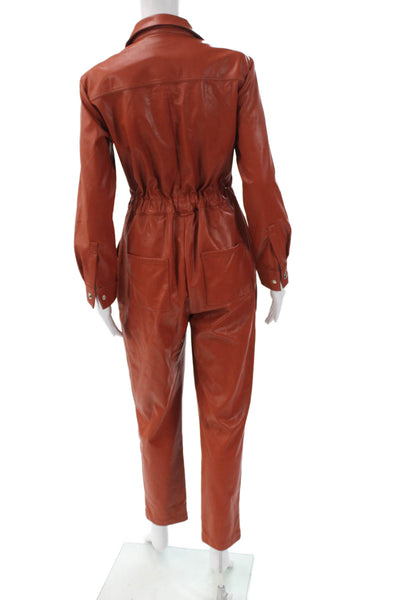 We Wore What Women Leather Long Sleeve Jumpsuit Brown Collar Size XS