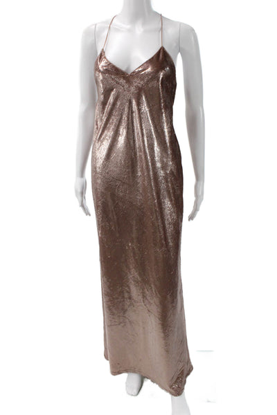 Michelle Mason Womens Brown Linen V-Neck Sleeveless Maxi Slip Dress Size 0