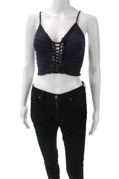 Dion Lee Women Striped Lace Up Cropped Camisole Dark Blue Sleeveless Size 4