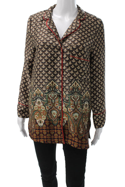 Zara Women Silk Tunic Button Up Brown Geometric Paisley Long Sleeve Size XS