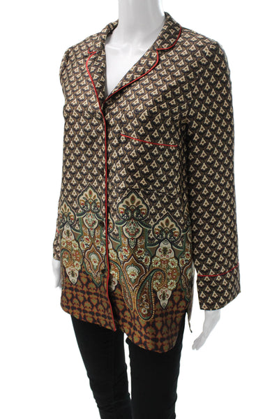 Zara Women Silk Tunic Button Up Brown Geometric Paisley Long Sleeve Size XS