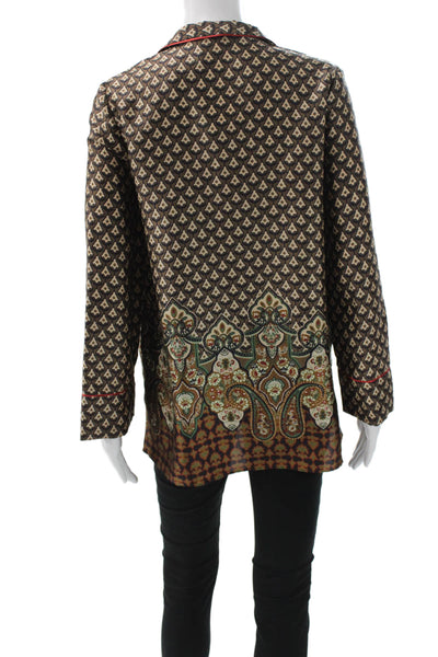 Zara Women Silk Tunic Button Up Brown Geometric Paisley Long Sleeve Size XS