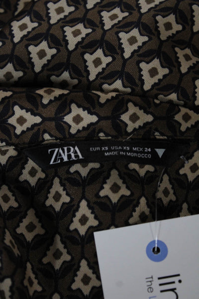 Zara Women Silk Tunic Button Up Brown Geometric Paisley Long Sleeve Size XS