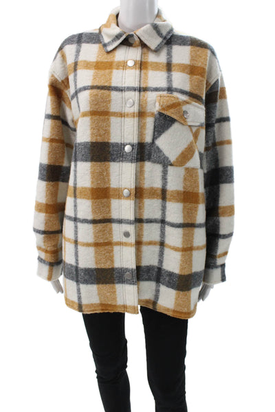 Monrow Women Collared Plaid Wool Blend Snap Long Sleeve Jacket White Size XS