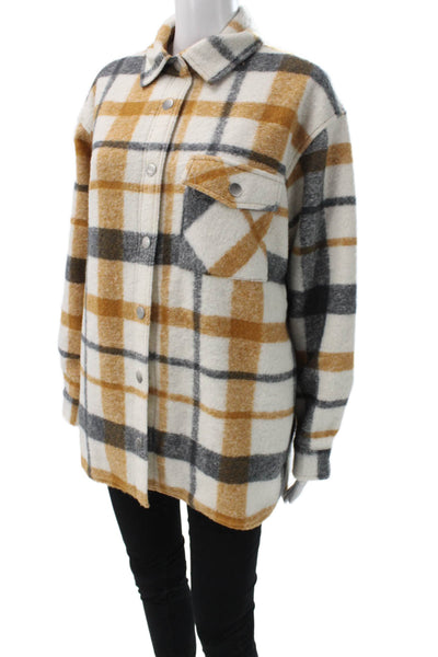 Monrow Women Collared Plaid Wool Blend Snap Long Sleeve Jacket White Size XS