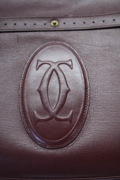 Cartier Womens Leather Gold Tone Flap Shoulder Handbag Burgundy Red