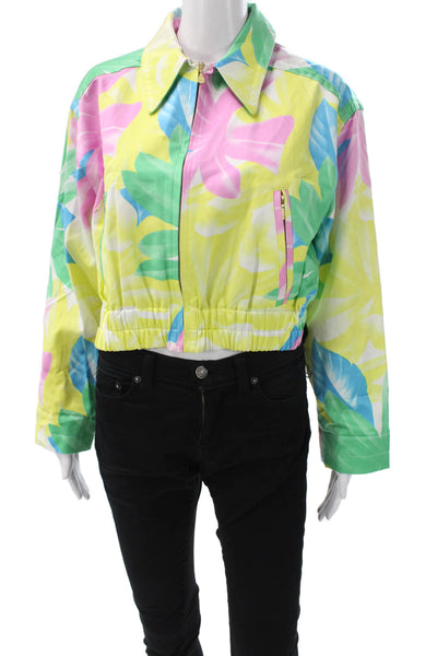 Crisca Women Windbreaker Floral Green Cotton Zip Long Sleeve 80s Size 40