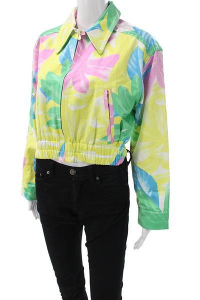Crisca Women Windbreaker Floral Green Cotton Zip Long Sleeve 80s Size 40