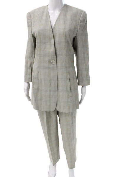 Laurel Unisex Beige Plaid 2 Piece Suit Jacket Pants V Neck Wool Blend Size 40