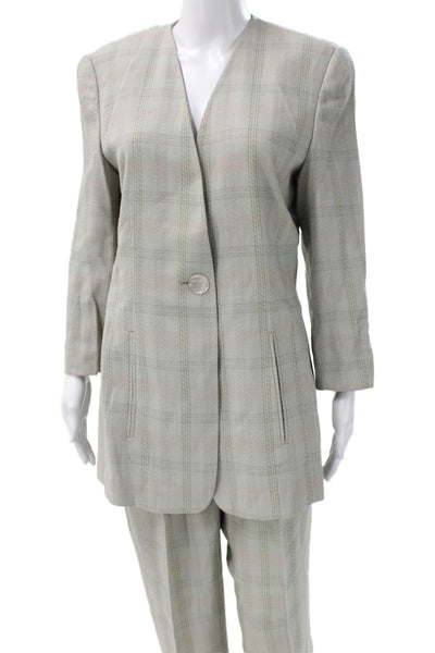 Laurel Unisex Beige Plaid 2 Piece Suit Jacket Pants V Neck Wool Blend Size 40
