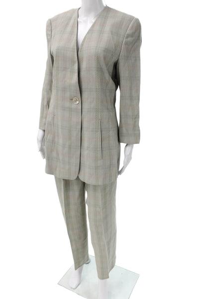 Laurel Unisex Beige Plaid 2 Piece Suit Jacket Pants V Neck Wool Blend Size 40
