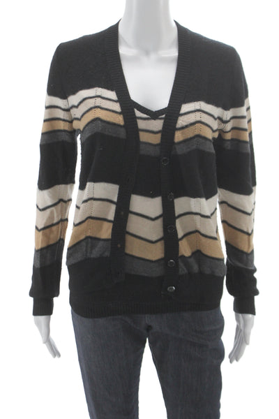 Minnie Rose Women Cardigan Striped V Neck Wool Cashmere Black Size S