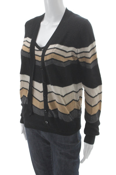 Minnie Rose Women Cardigan Striped V Neck Wool Cashmere Black Size S