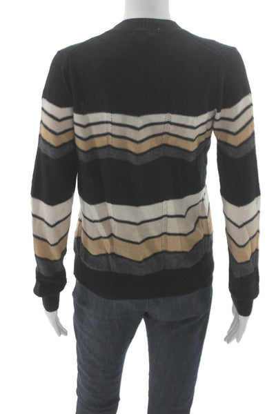 Minnie Rose Women Cardigan Striped V Neck Wool Cashmere Black Size S