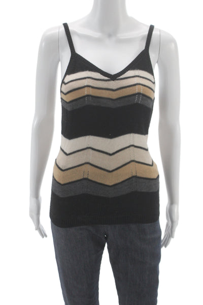 Minnie Rose Women Cardigan Striped V Neck Wool Cashmere Black Size S