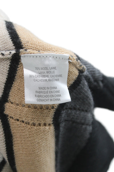 Minnie Rose Women Cardigan Striped V Neck Wool Cashmere Black Size S