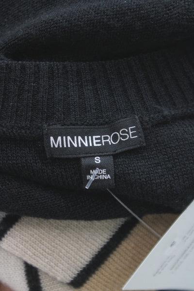Minnie Rose Women Cardigan Striped V Neck Wool Cashmere Black Size S