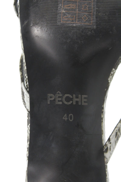 Peche Womens Kitten Heel Snake Embossed T Strap Sandals Black White Size 40