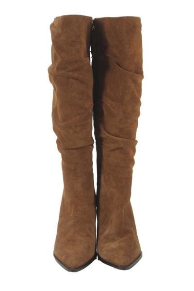 Boden Womens Side Zip Block Heel Pointed Toe Knee High Boots Brown Suede 40
